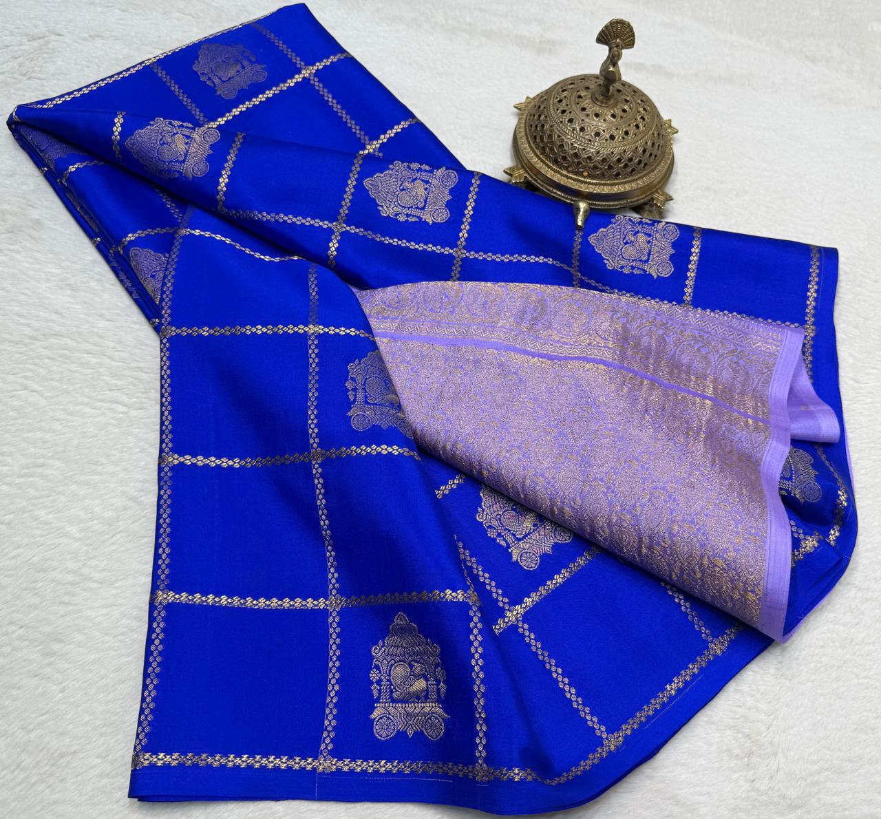 Royal Blue Kanjivaram Style Saree with Golden Check Pattern