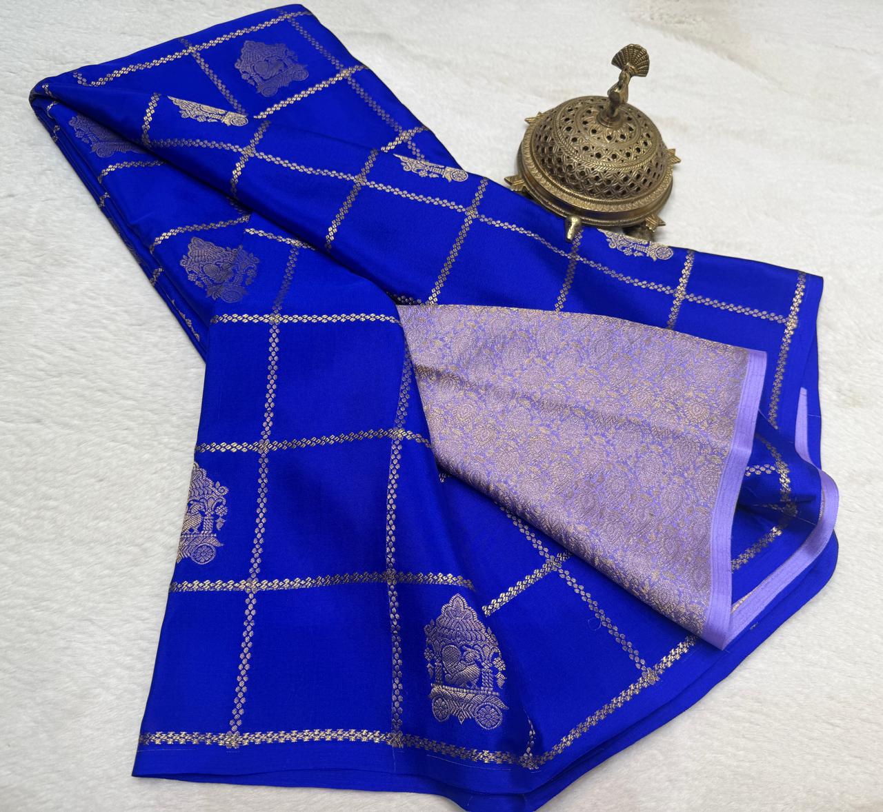 Royal Blue Kanjivaram Style Saree with Golden Check Pattern