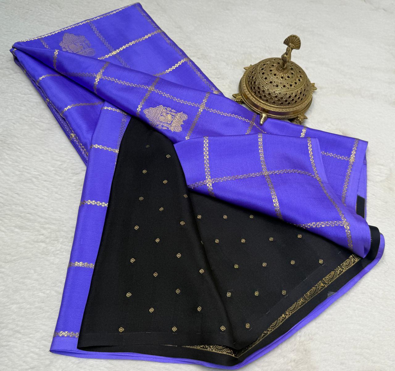 Designer Blue Saree with Gold Zari Checks and Traditional Motifs