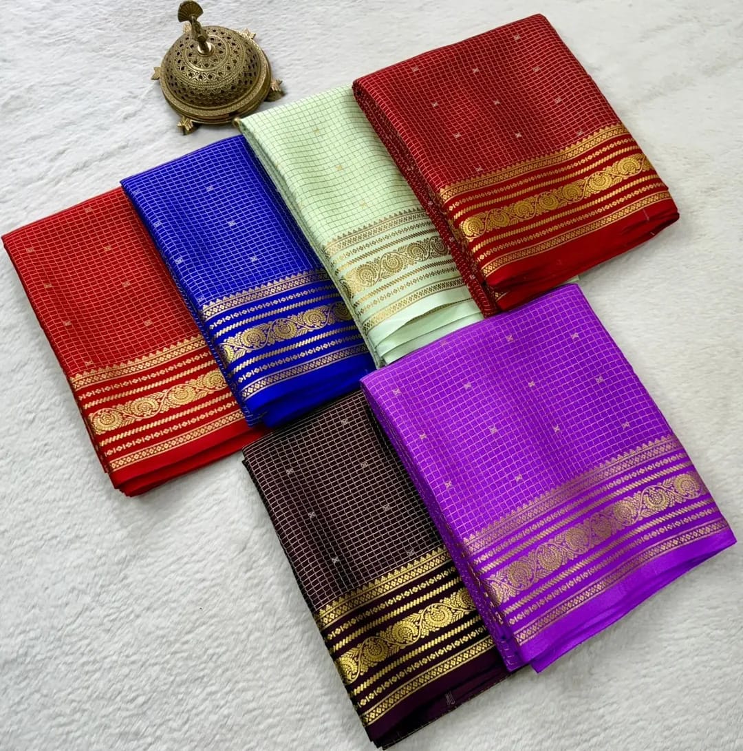 Buy Mysore Silk Saree in Royal Blue Micro Checks with Gold Zari Border and Star Buttas