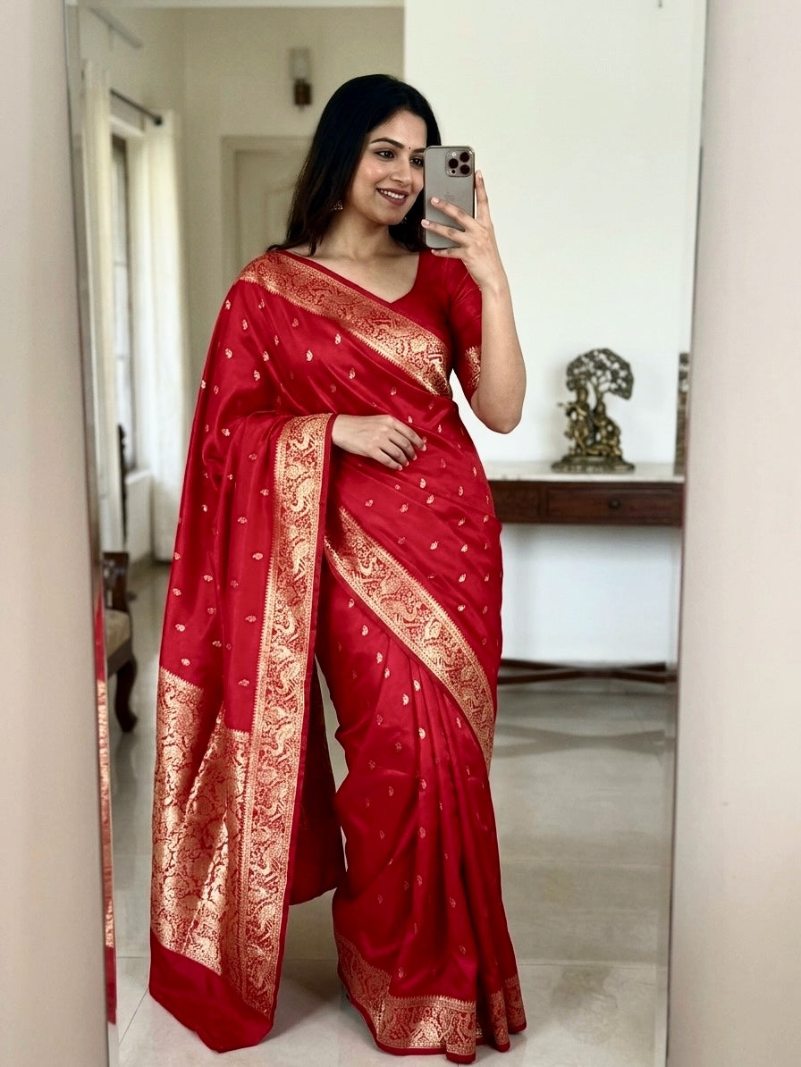 Red Kanjivaram Soft Silk Saree for Women Rich Zari Weaving Wedding & Festive Wear