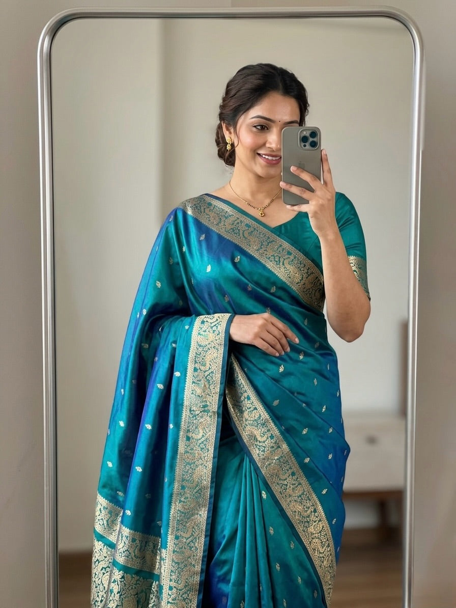 Light pecock blue Soft Silk Kanjivaram Saree | Traditional Zari Border | Party & Festive Wear