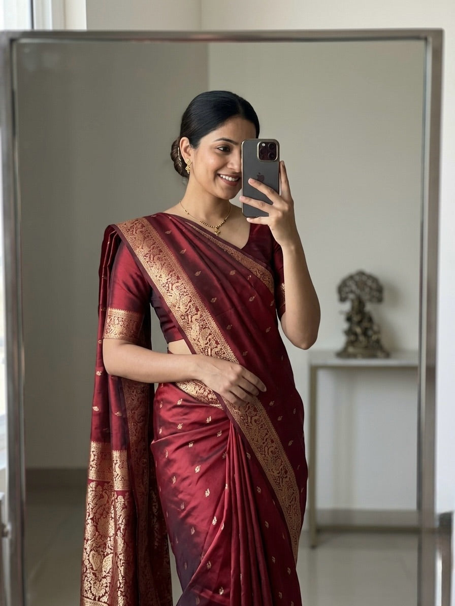 Marron Kanjivaram Silk Saree with Contrast Border Wedding Silk Saree for Women