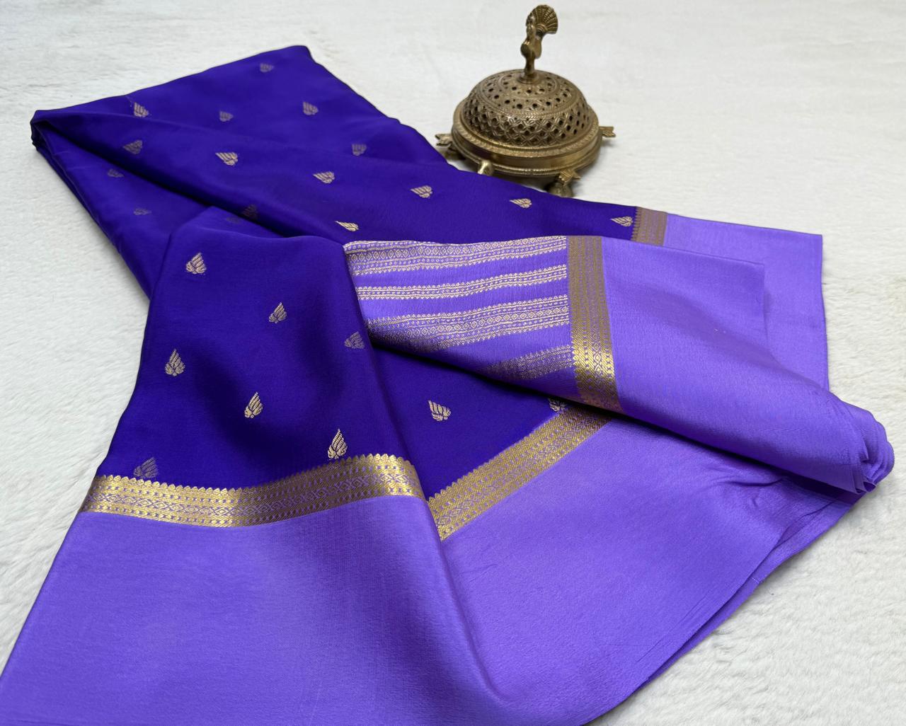 Purple and blue mysore silk saree with contrast Blouse.