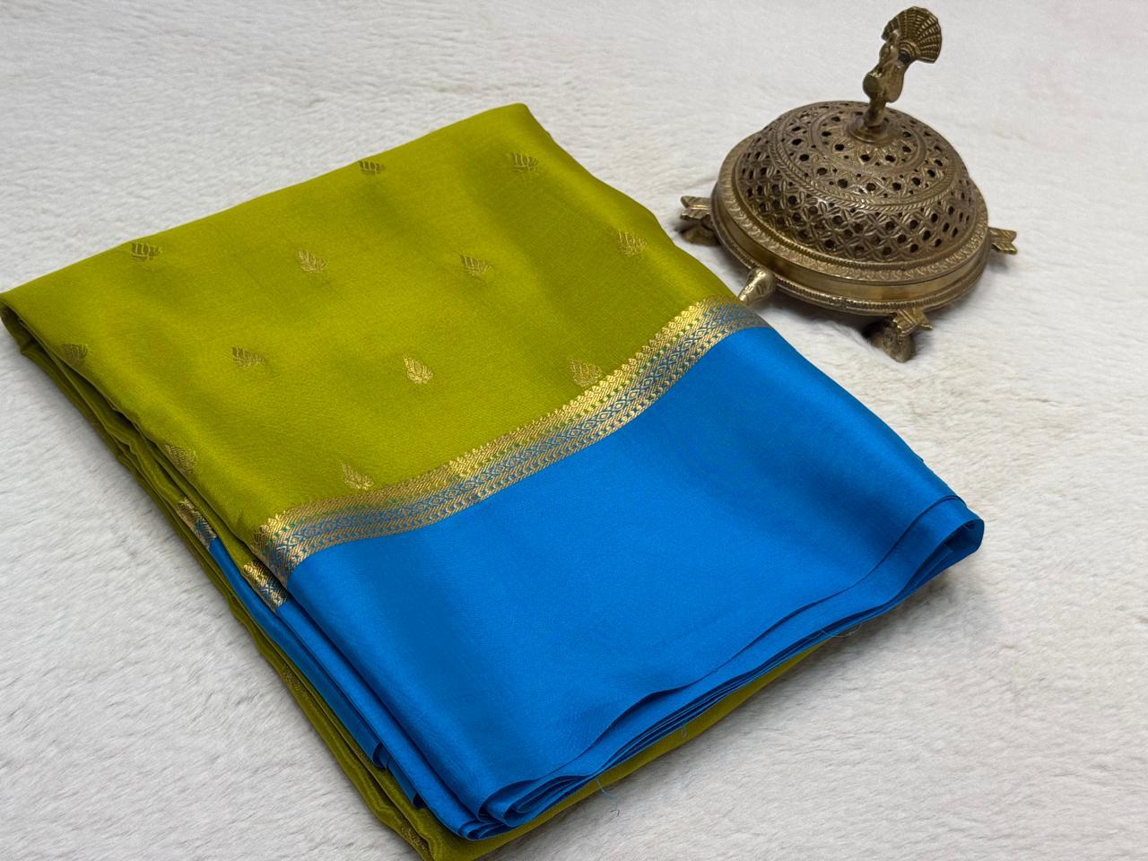 Mehadi color Pure Mysore Silk Saree Designer Contrast Border