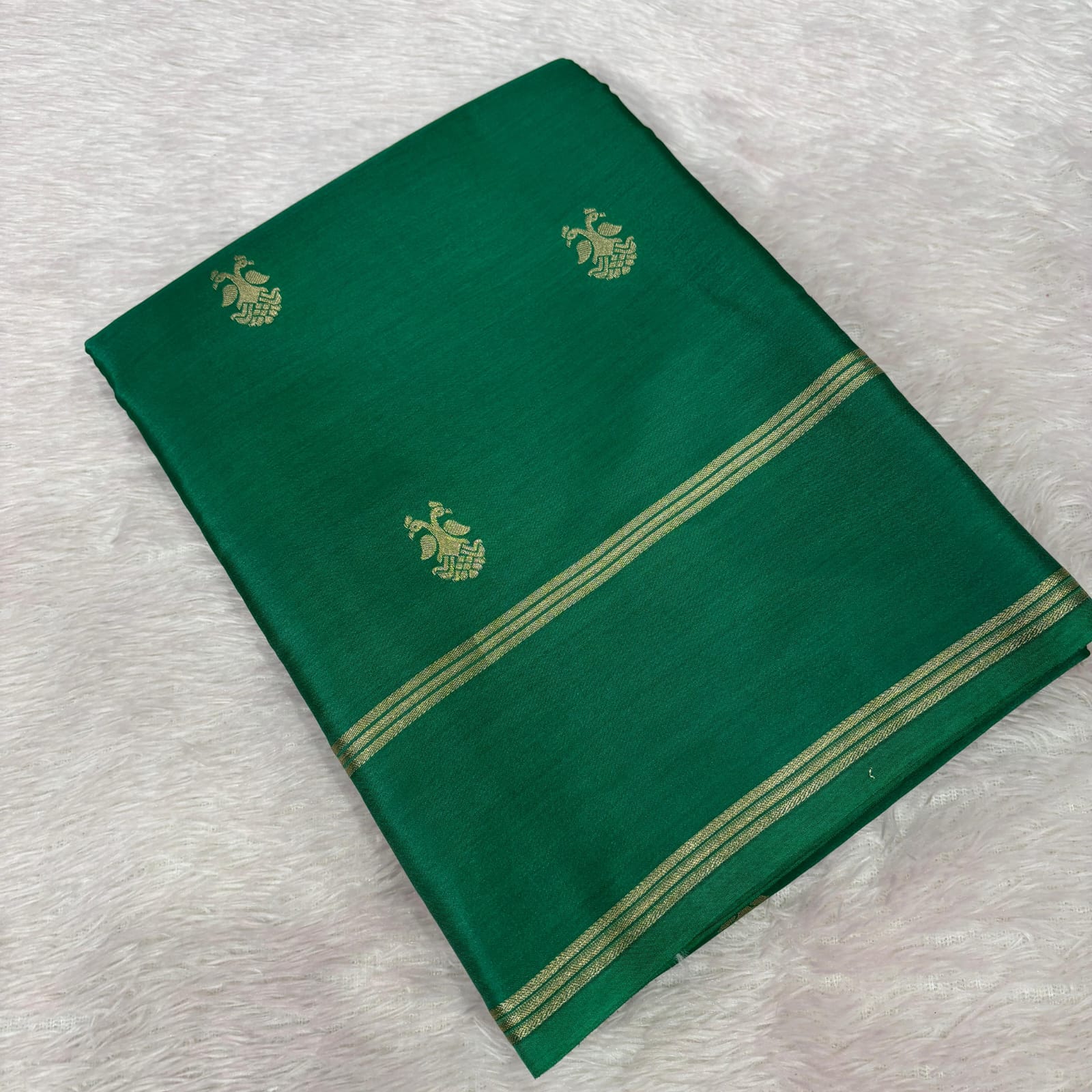 Bottle Green Mysore Crepe Silk Saree with Pink Bentex Border