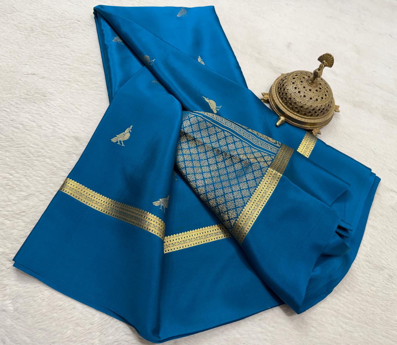 Pure Mysore Silk Sarees  peacock buttas with bentex border & rich zari woven pallu
