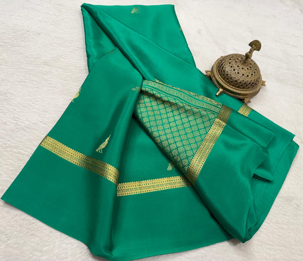 Green mysore silk saree with contrast blouse for women