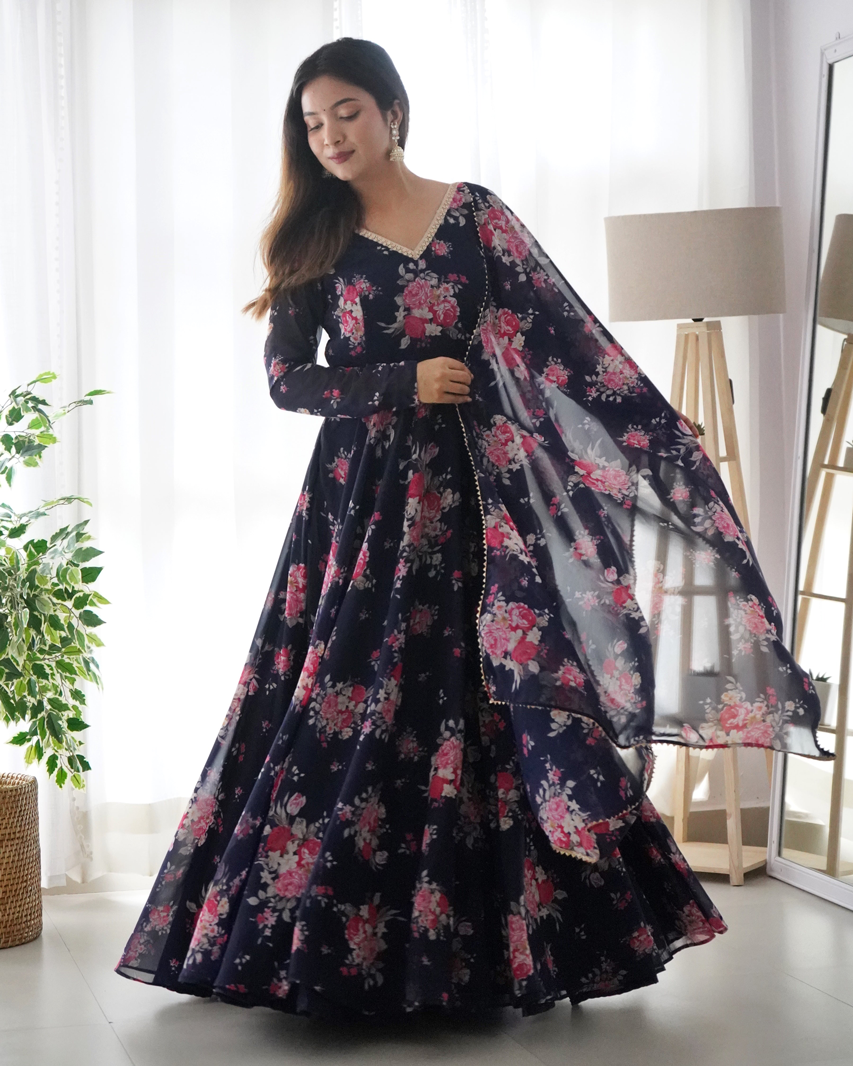 Digitally Printed Pure Soft Fox Georgette Anarkali Suit with Dupatta & Pant Set