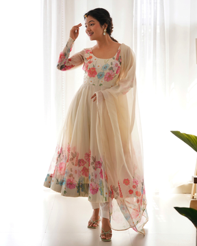 Digitally Printed & Embroidered Yoke Pure Soft Organza Anarkali Suit
