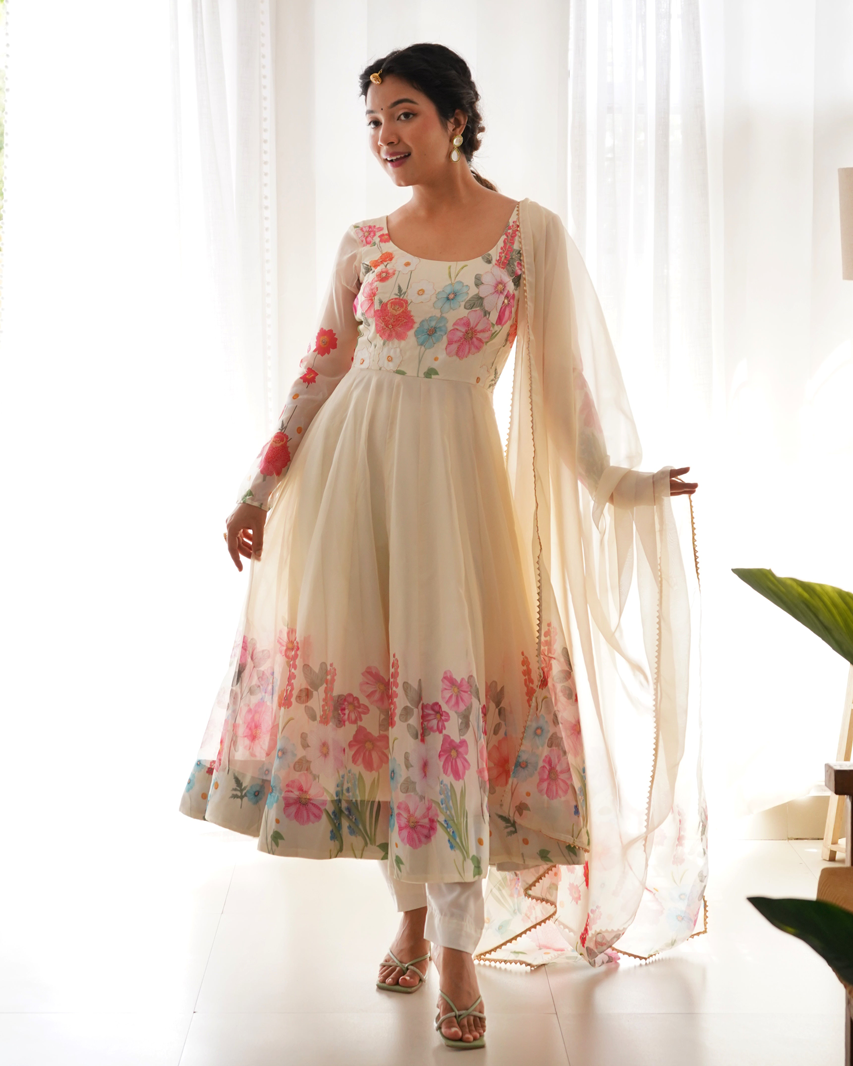 Digitally Printed & Embroidered Yoke Pure Soft Organza Anarkali Suit
