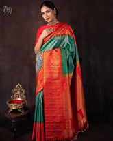 Elegant Green & Red Banarasi Soft Silk Saree, a Perfect Fusion of Colors