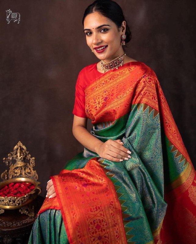 Traditional Green & Red Banarasi Soft Silk Saree, Exuding Timeless Charm