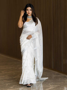 Khadi Fabric Special White & Silver Color Attrective Charmfull Soft Silk Saree | Vottbuy