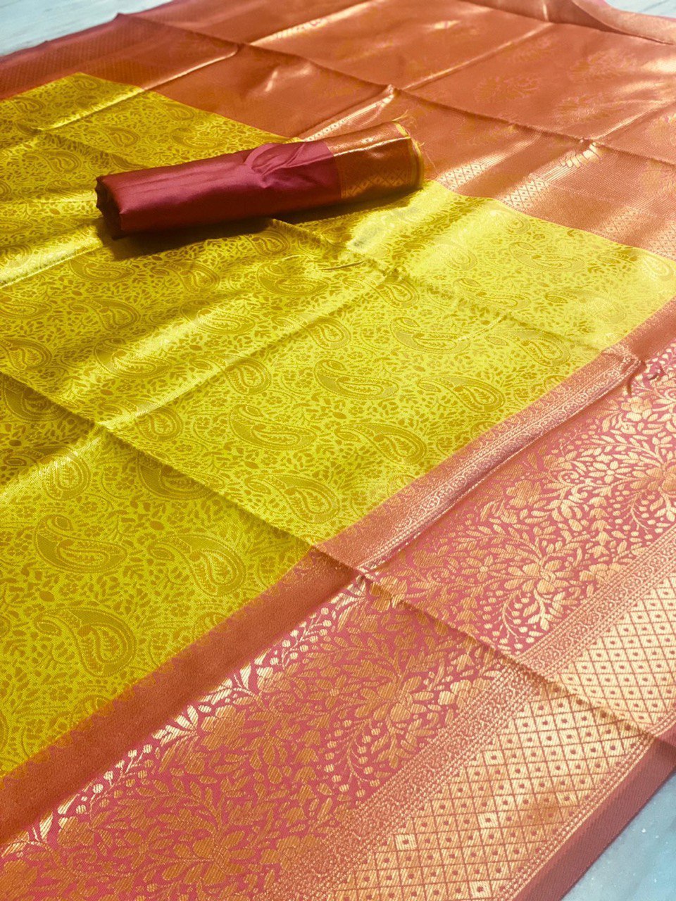 Traditional Banarasi Soft Silk Saree showcasing intricate Kadwa weaving patterns