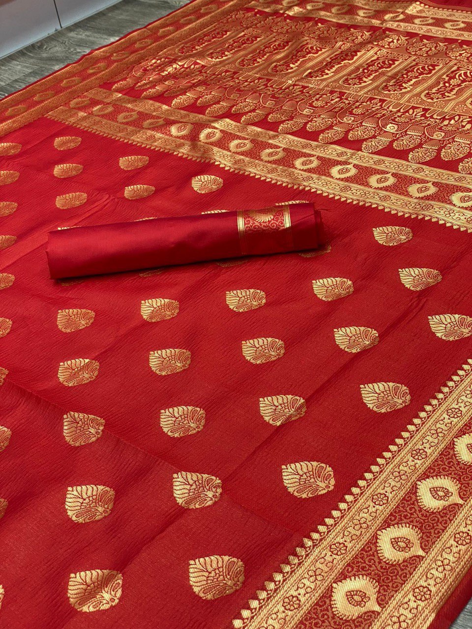 Crimson Banarasi Soft Silk Saree Adorned with Golden Weaving
