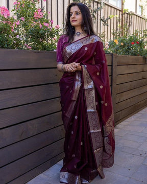 Maroon Soft Silk Cotton Attrective Charmfull With Weaving Rich Blouse Saree | Vootbuy