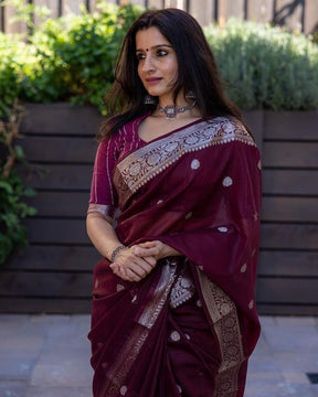 Maroon Soft Silk Cotton Attrective Charmfull With Weaving Rich Blouse Saree | Vootbuy