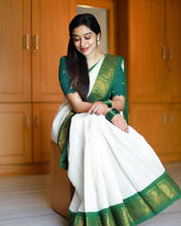 Pooja Special Lichi Silk Banarasi White With Green Kanjivaram Masterpiece Kadwa Technique Saree | Vootbuy