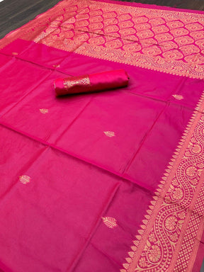 Banarsi Soft Silk Fabric Rich Pink Color With Kadwa Technique Golden Work Saree | Vootbuy