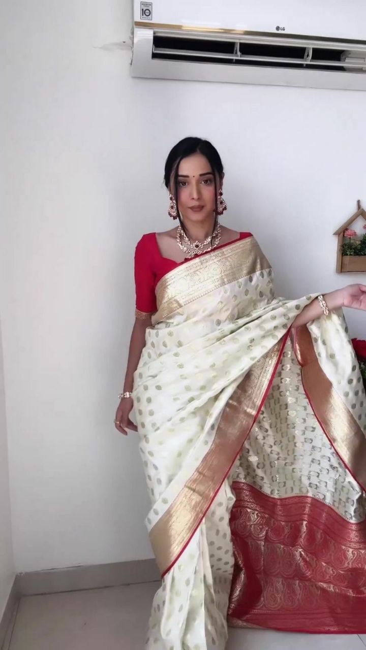 white ready to wear premium soft lichi jacqard silk saree