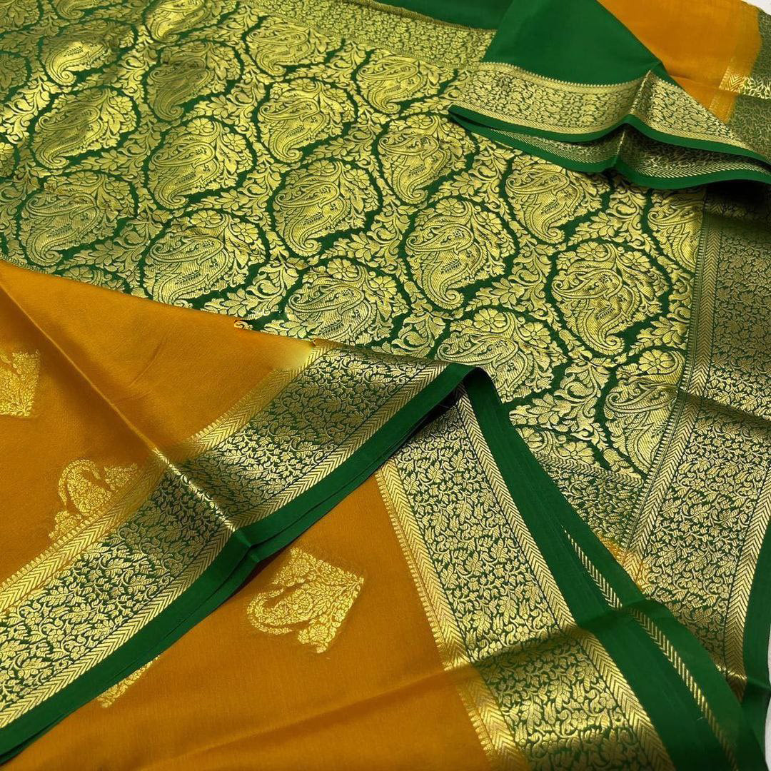 Pure crepe mysore silk sarees With beautiful Zari weaving motifs