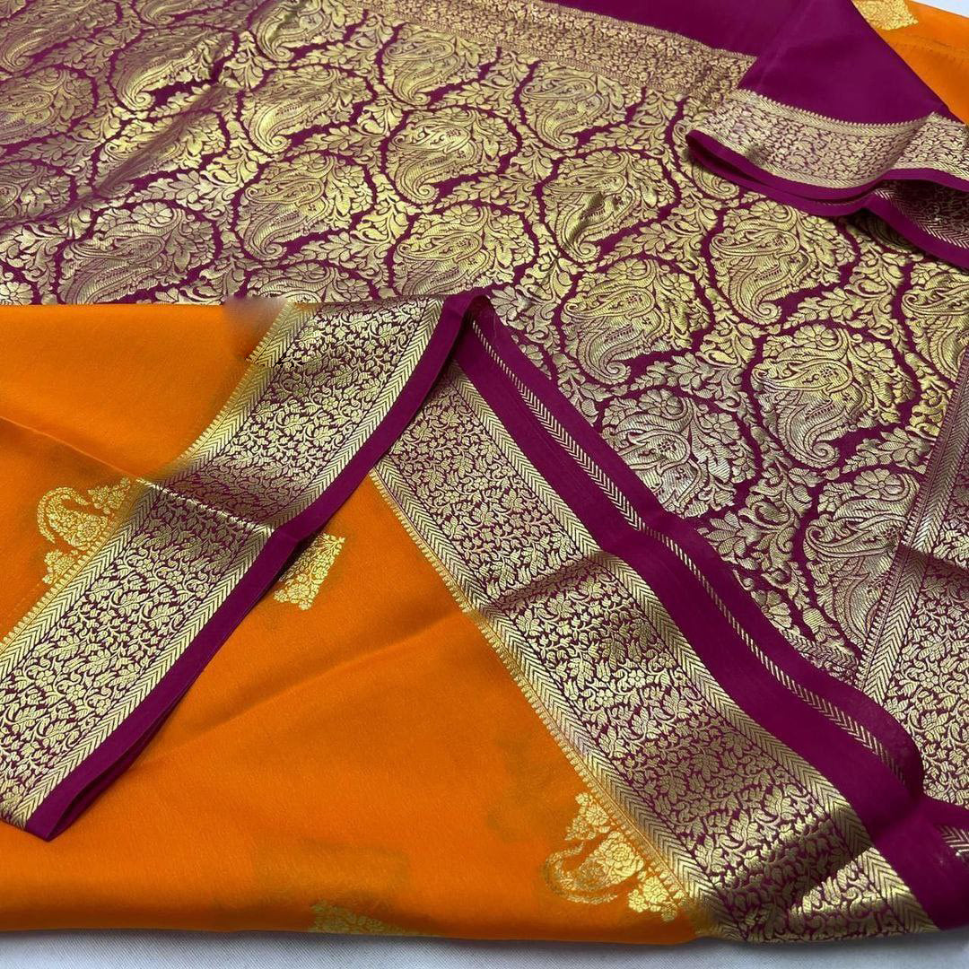 Pure crepe mysore silk sarees With beautiful Zari weaving motifs