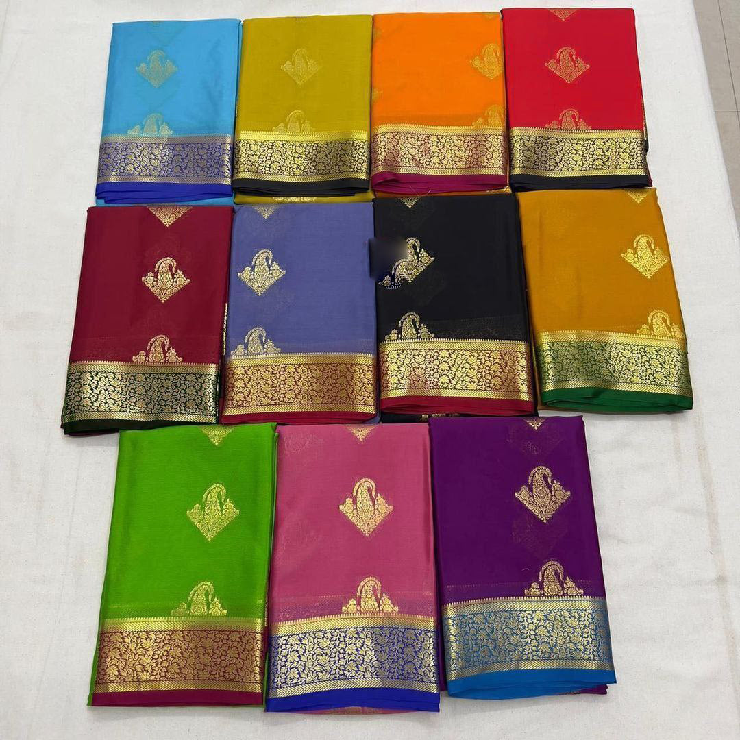 Pure crepe mysore silk sarees With beautiful Zari weaving motifs
