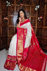 White & Red Ikkat Handloom Soft Silk Saree