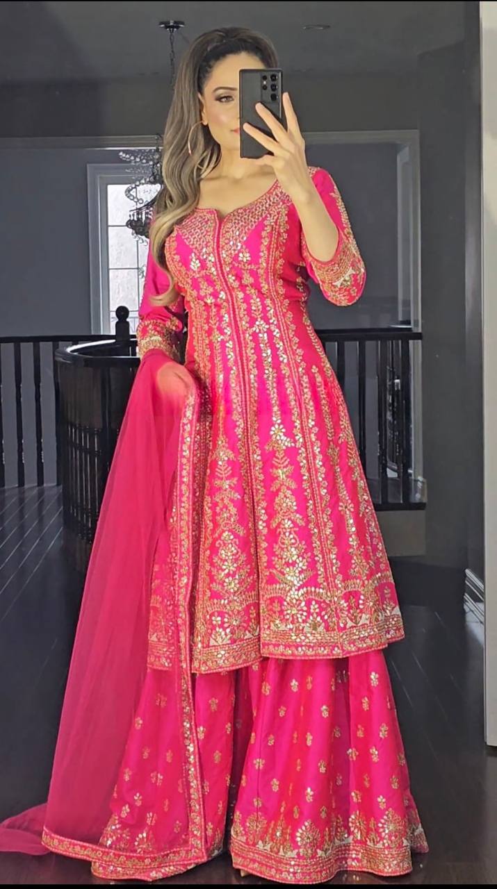 Rani Pink Top Sharara Plazzo Dupatta Suit Set for women
