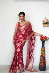 Cotton Soft Fabric Red Color One Min Ready To Wear Saree