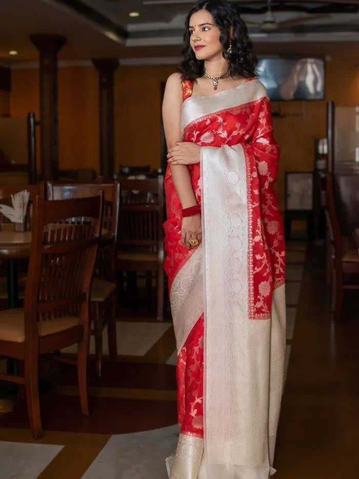 Luxurious White & Red Banarasi Saree with Jacquard Work Border