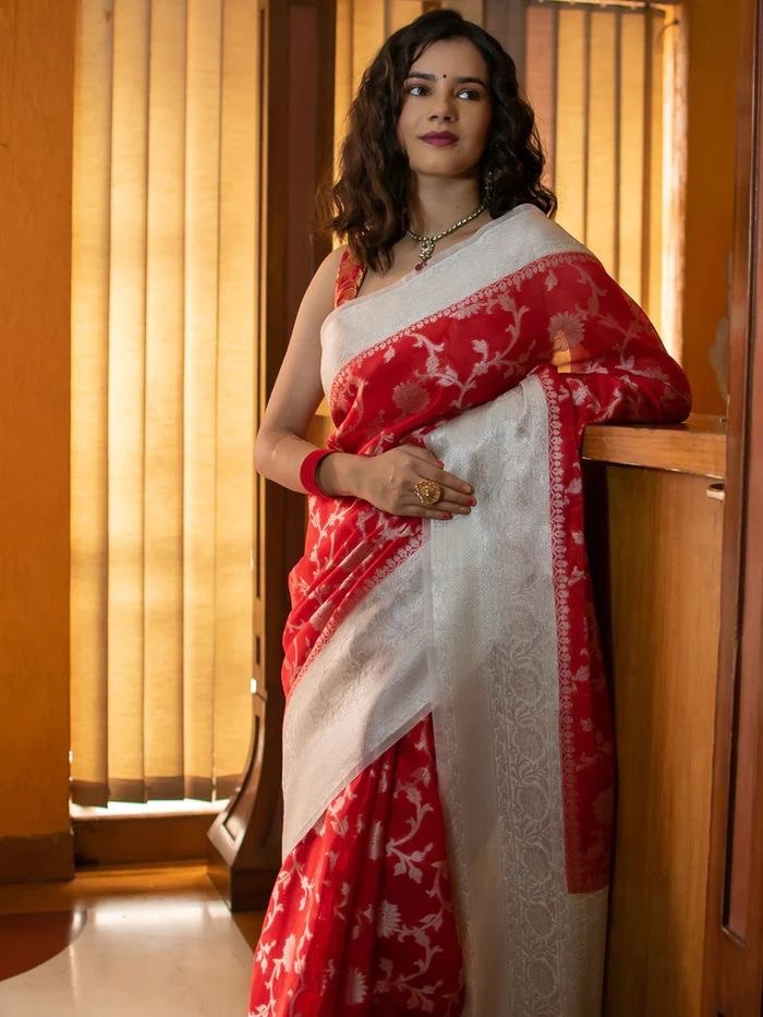 White & Red Banarasi Saree - Perfect for Special Occasions with Jacquard Border