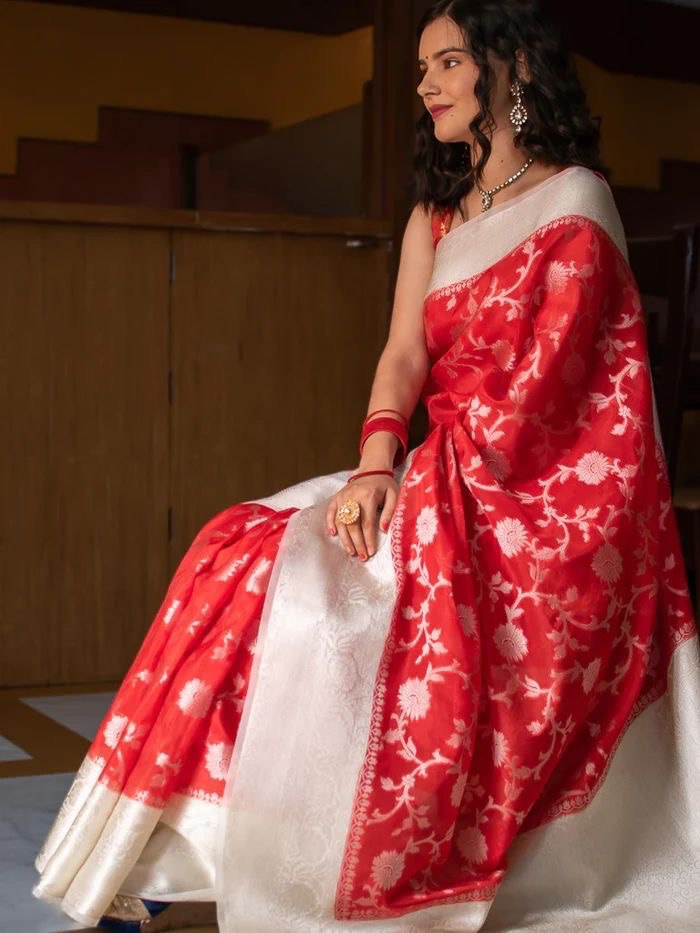 Traditional White & Red Banarasi Saree - Jacquard Border Design