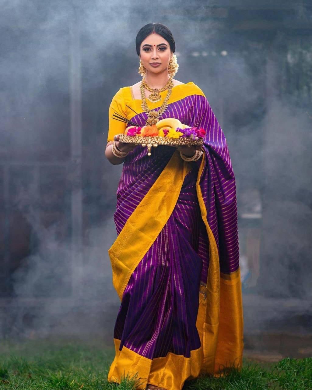 Jacquard  Gold Zari Soft Silk Purpule Saree