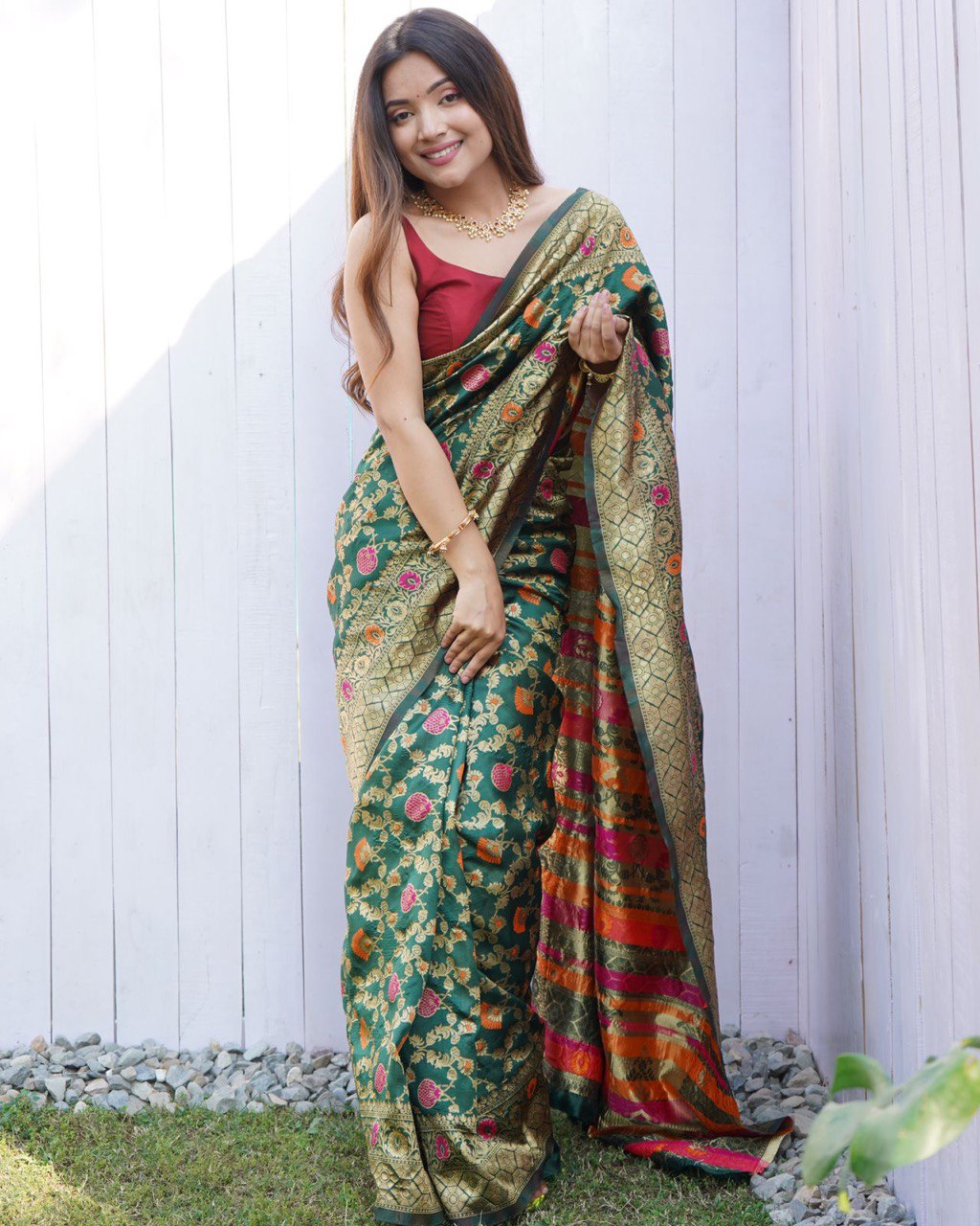 green jacqquard silk saree