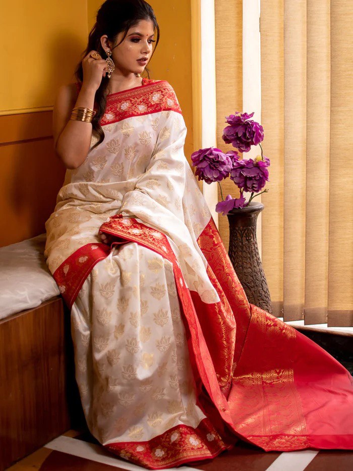 Pooja Special Red & White Amazing Combo Soft Silk With Pure Gold Zari Weaving Saree | Vootbuy