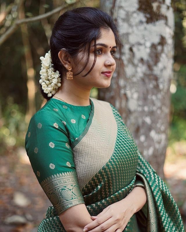 green and gold silk saree with rich blouse