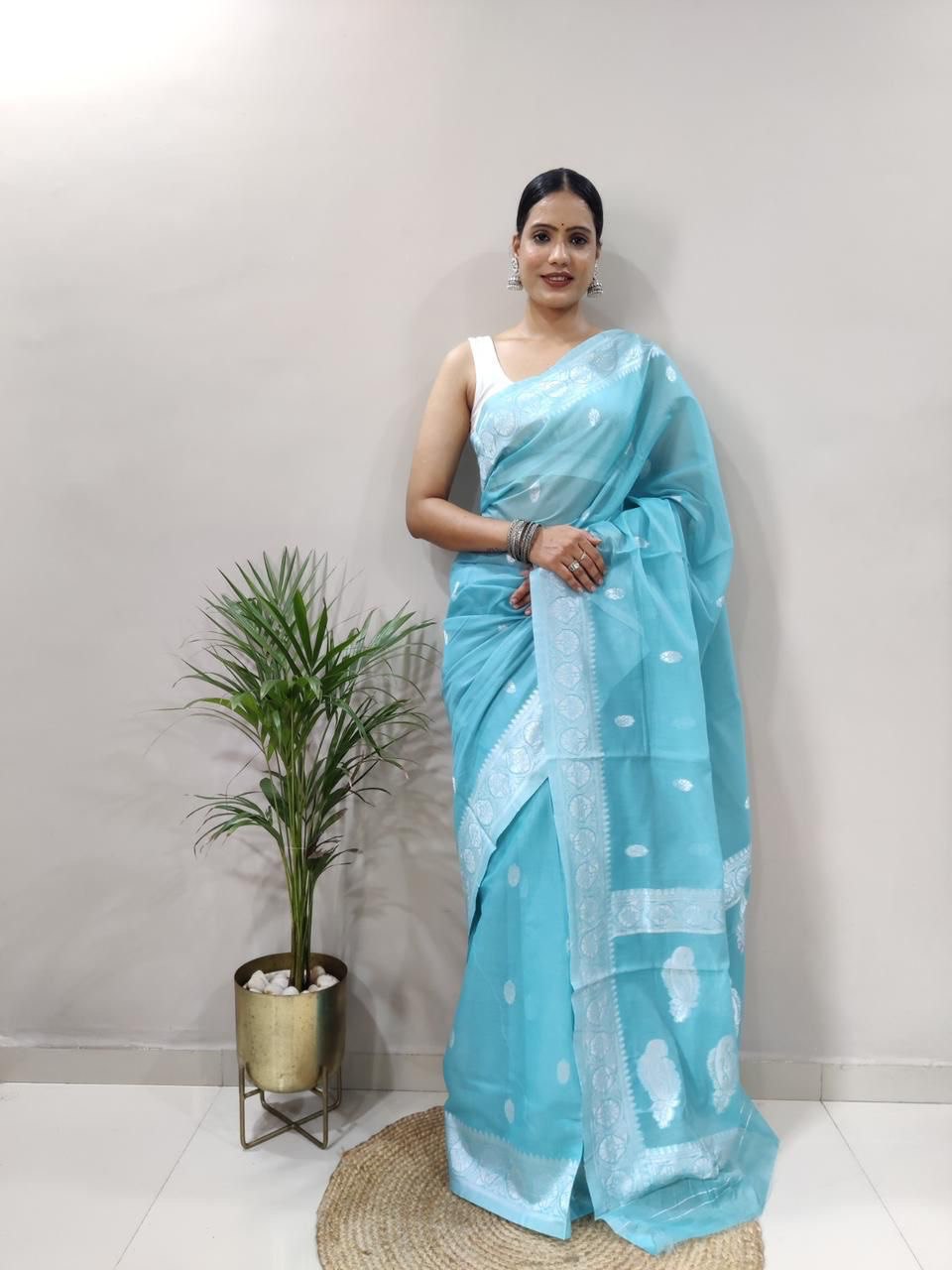 sky blue pure soft cotton festival special jamdani saree
