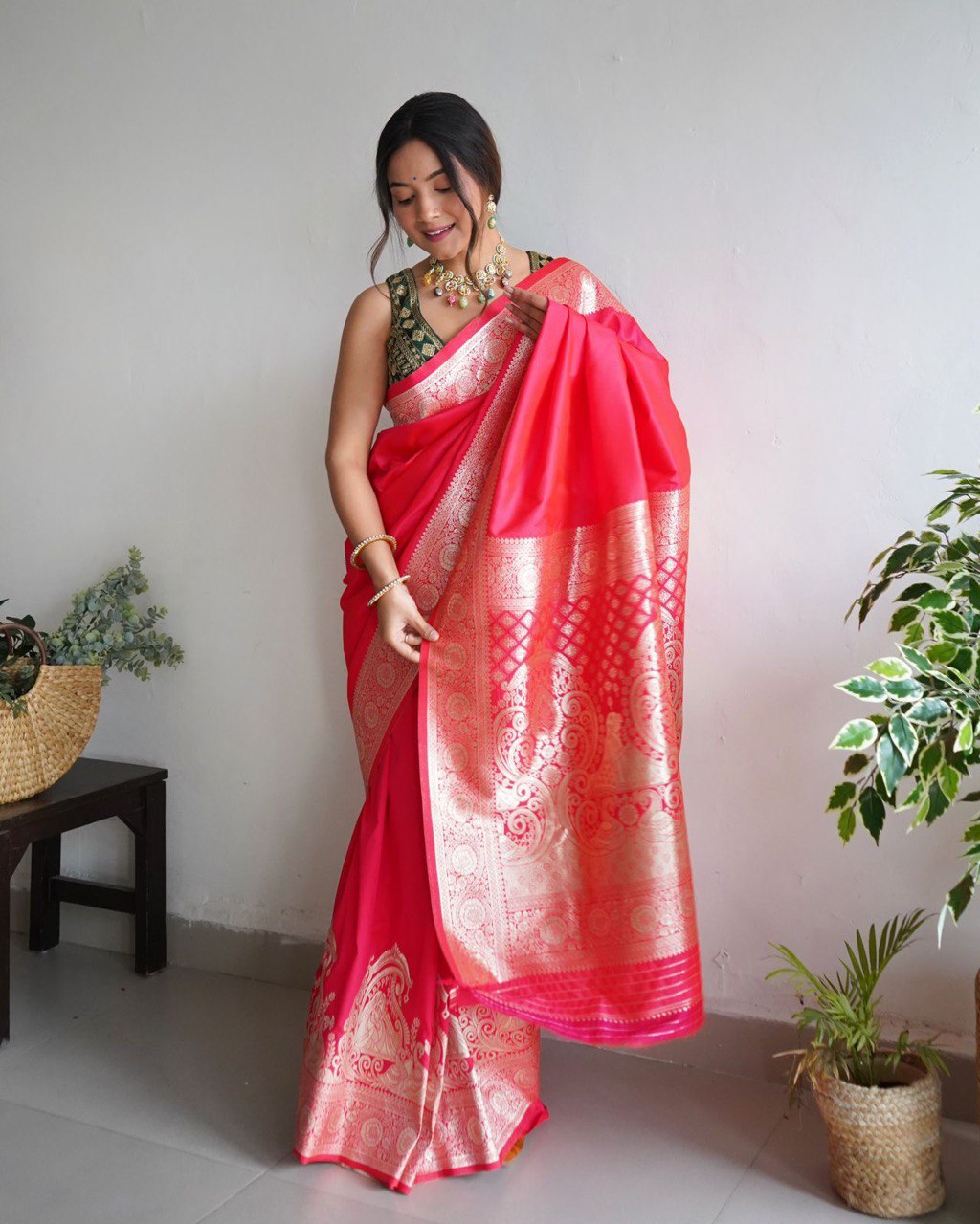 Rani Dark Red Color Wedding And Festival Soft Silk Banarasi Pure Golden Zari Weaving With Badla Zari Weaving Saree | Vootbuy
