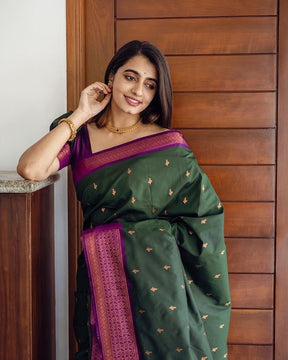 dark green soft silk rich with jacquard waving work saree