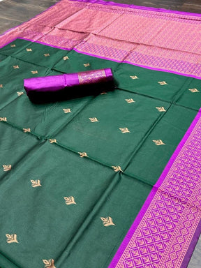 South Super Hit Rani Combination Soft Silk Rich Dark Green With Jacquard Waving Work Saree