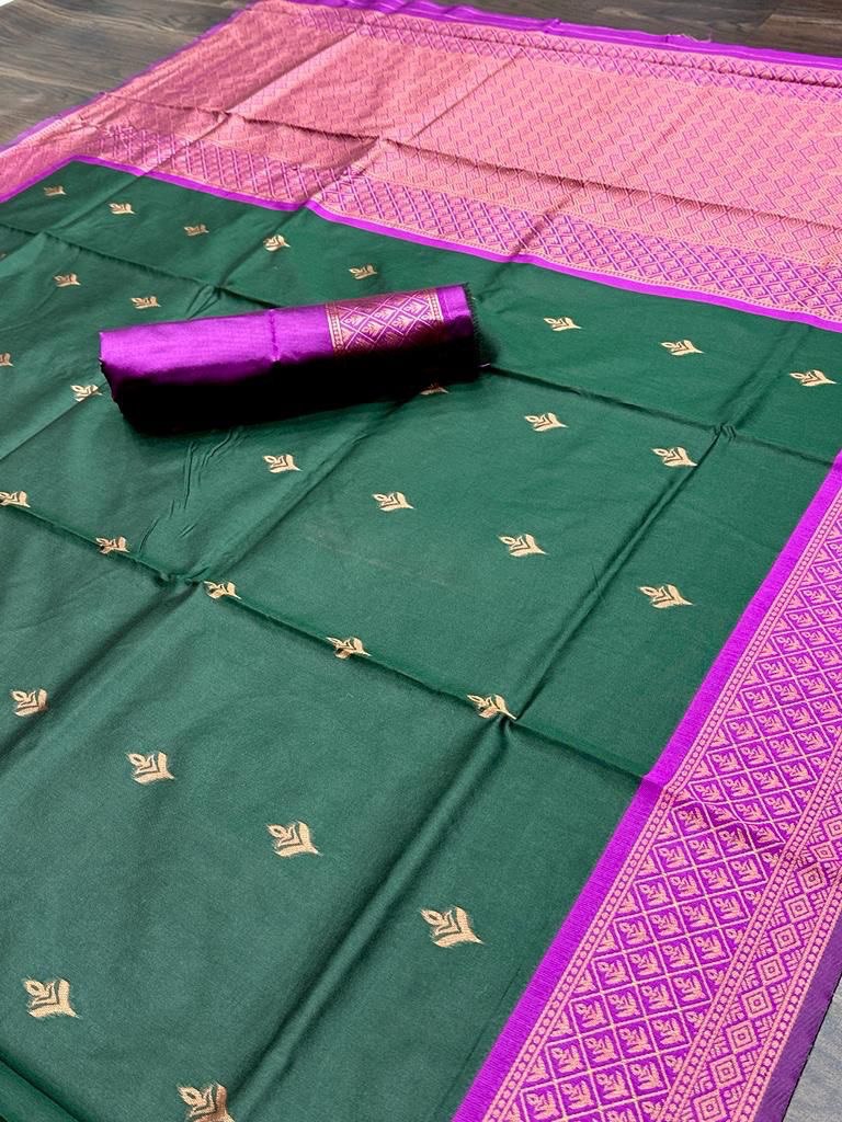 Dark Green Soft Silk Rich with Jacquard Waving Work Saree