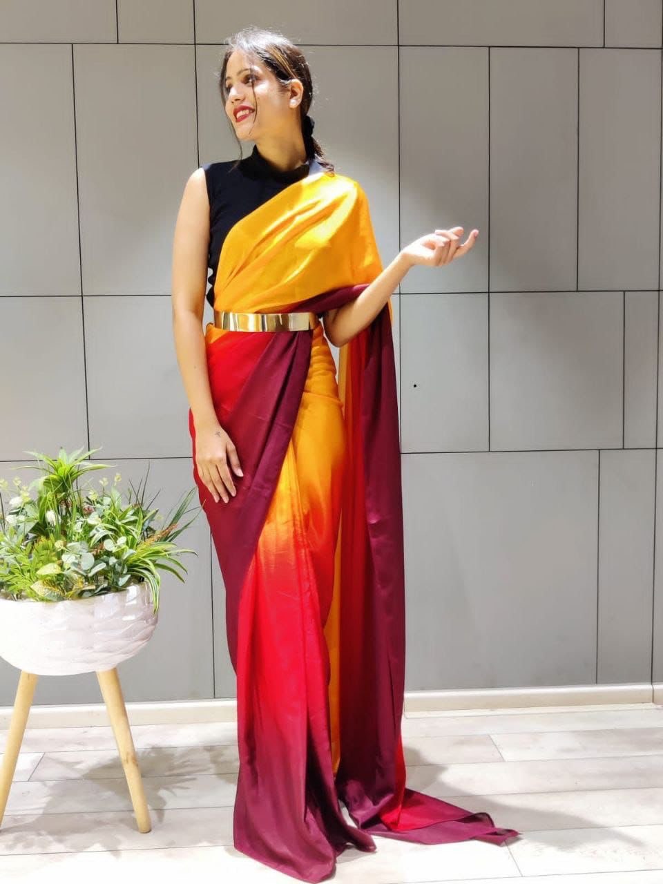 Ready To Wear One Minute Saree Multi Color Chion Fabric With 3D Padding Saree | Vootbuy