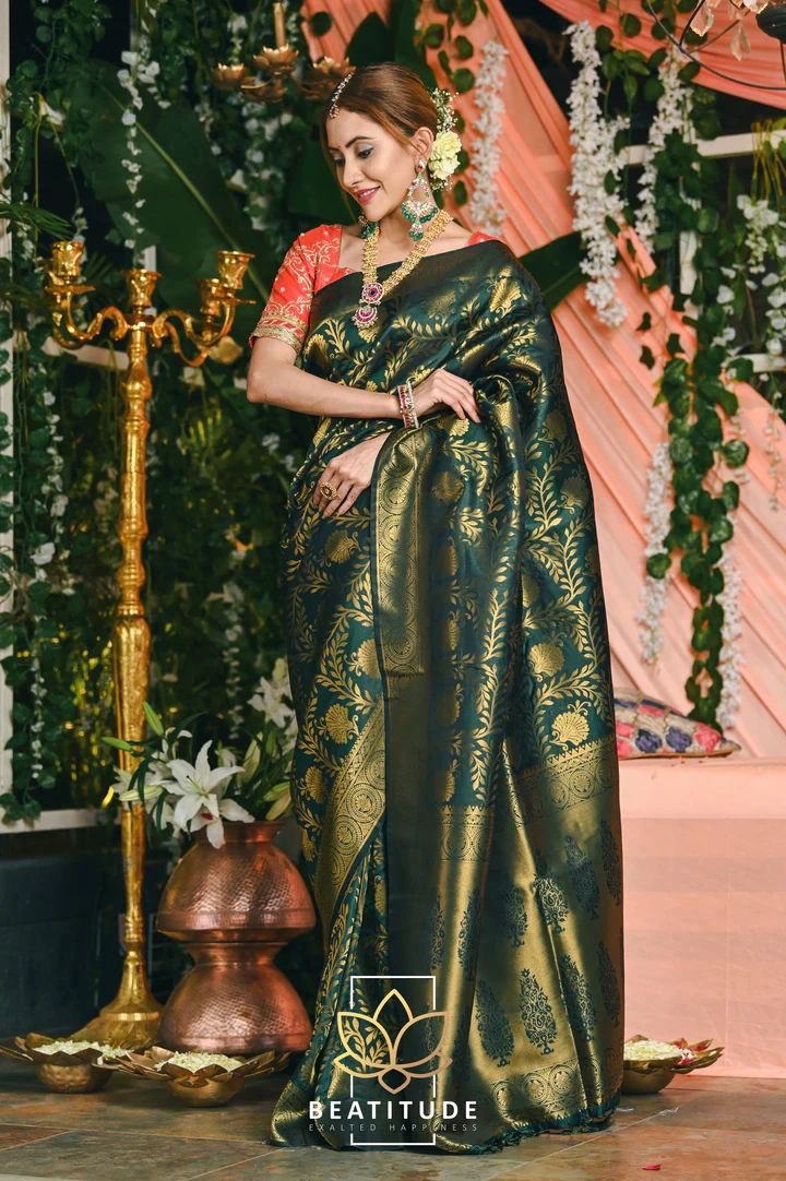 Wedding Special Banars Soft Silk Dark Green Masterpiece Finest KADWA Technique Saree | Vootbuy