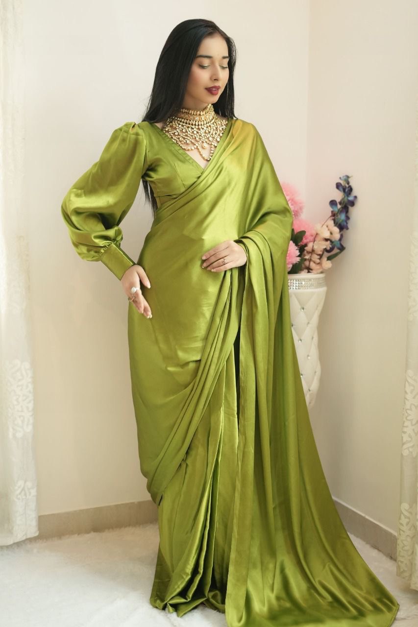 ready to wear satin green color saree
