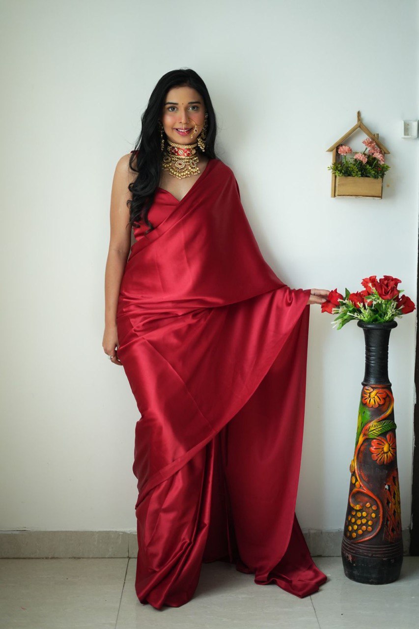 red bollywood super hit ready to wear satin soft fabric saree