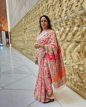 Kashmiri Weaving Pure Zari Hema Malini Bollywood Attractive Saree With Multiple Ligth Shade Rich Look