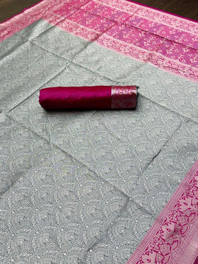 Grey Silver Mashtani Weaving With Amazing Combo Silk Banarasi Saree | Vootbuy