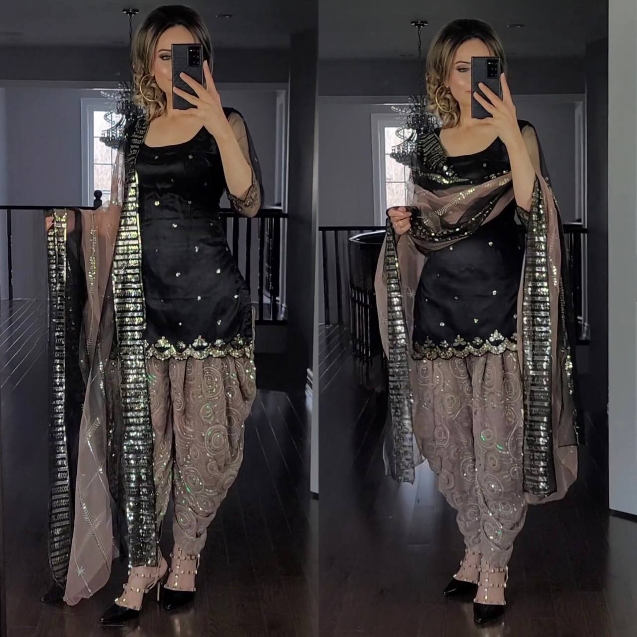 Black and Chiku Colour Party Wear Look Top Dhoti and Dupatta Set